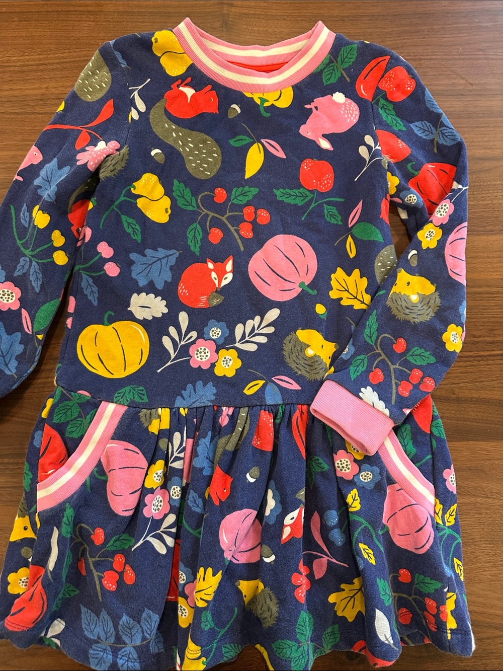 Girls Navy Floral & Pumpkin Long Sleeve Dress. Fading on blue. See pictures